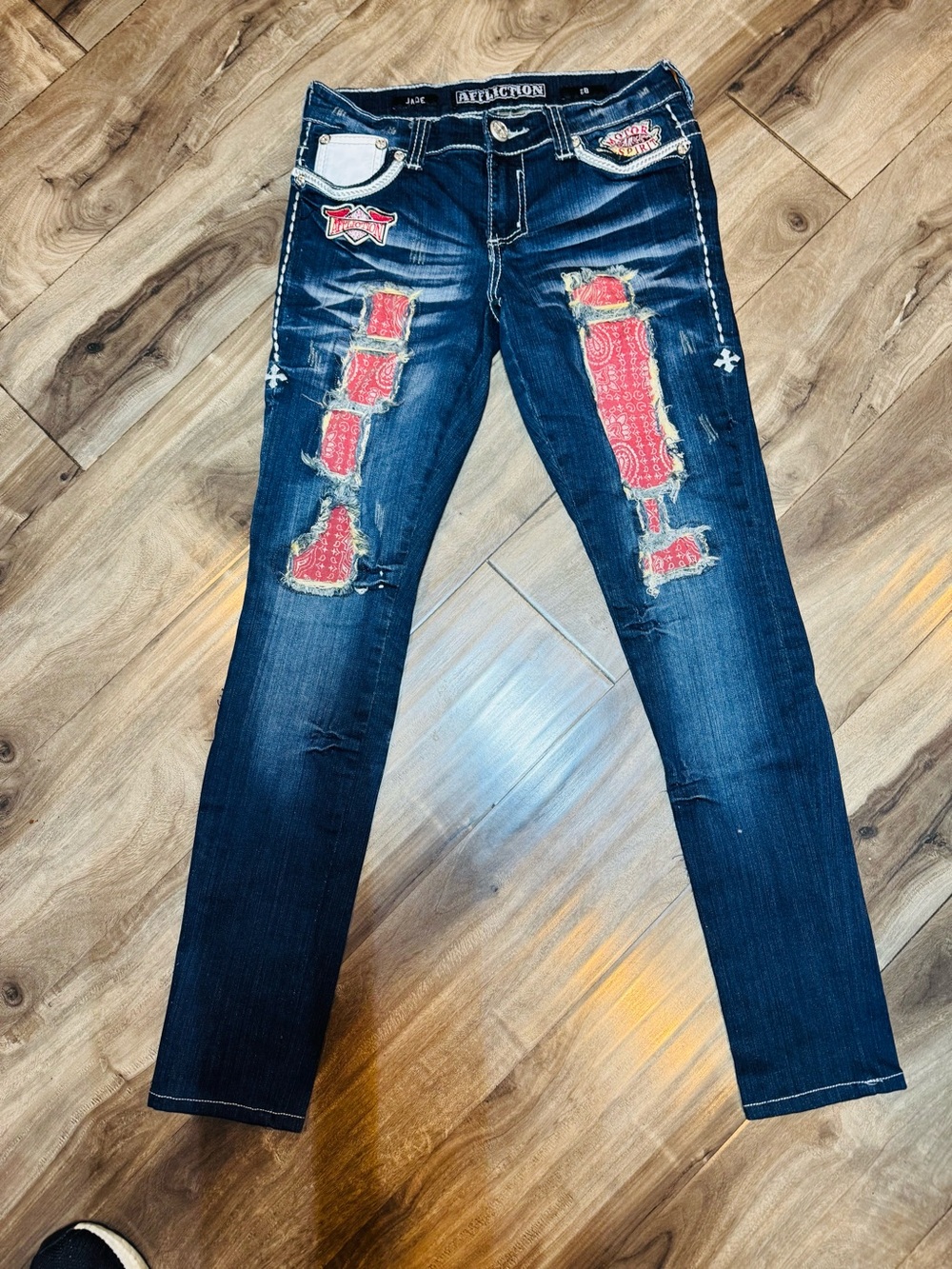 Affliction Jade Women's Dark Blue Skinny Jeans with Red Bandana Accents Patches